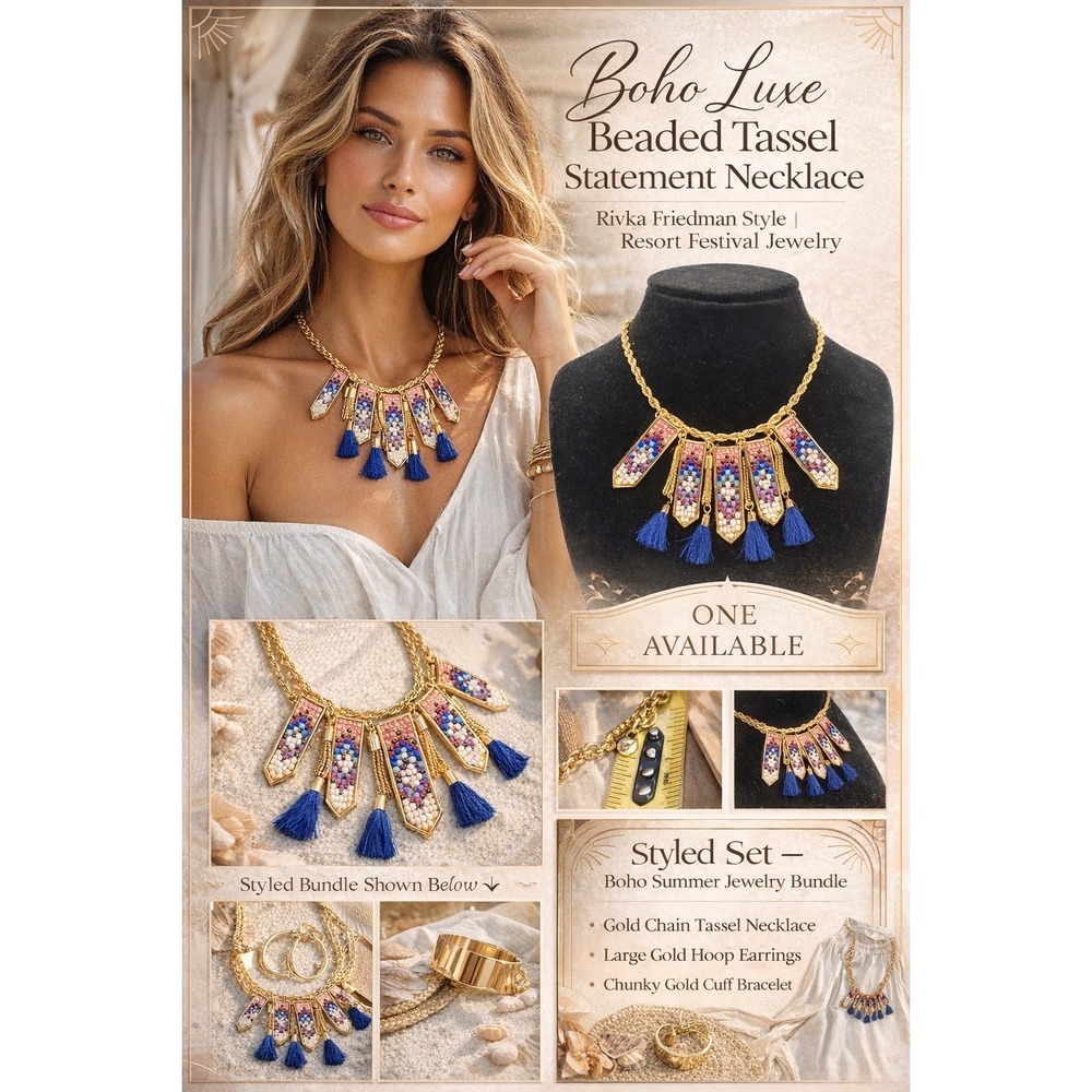 Rebecca Minkoff Gold Beaded Tassel Statement Necklace Blue Pink Boho Rope Chain